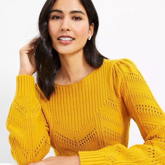 LOFT Pointelle Sweater with Puff Sleeves - Picture 1 of 4